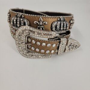 Western Rhinestone Bling Belt S. Bronze Leather w/ Crowns & Fleur de Lis